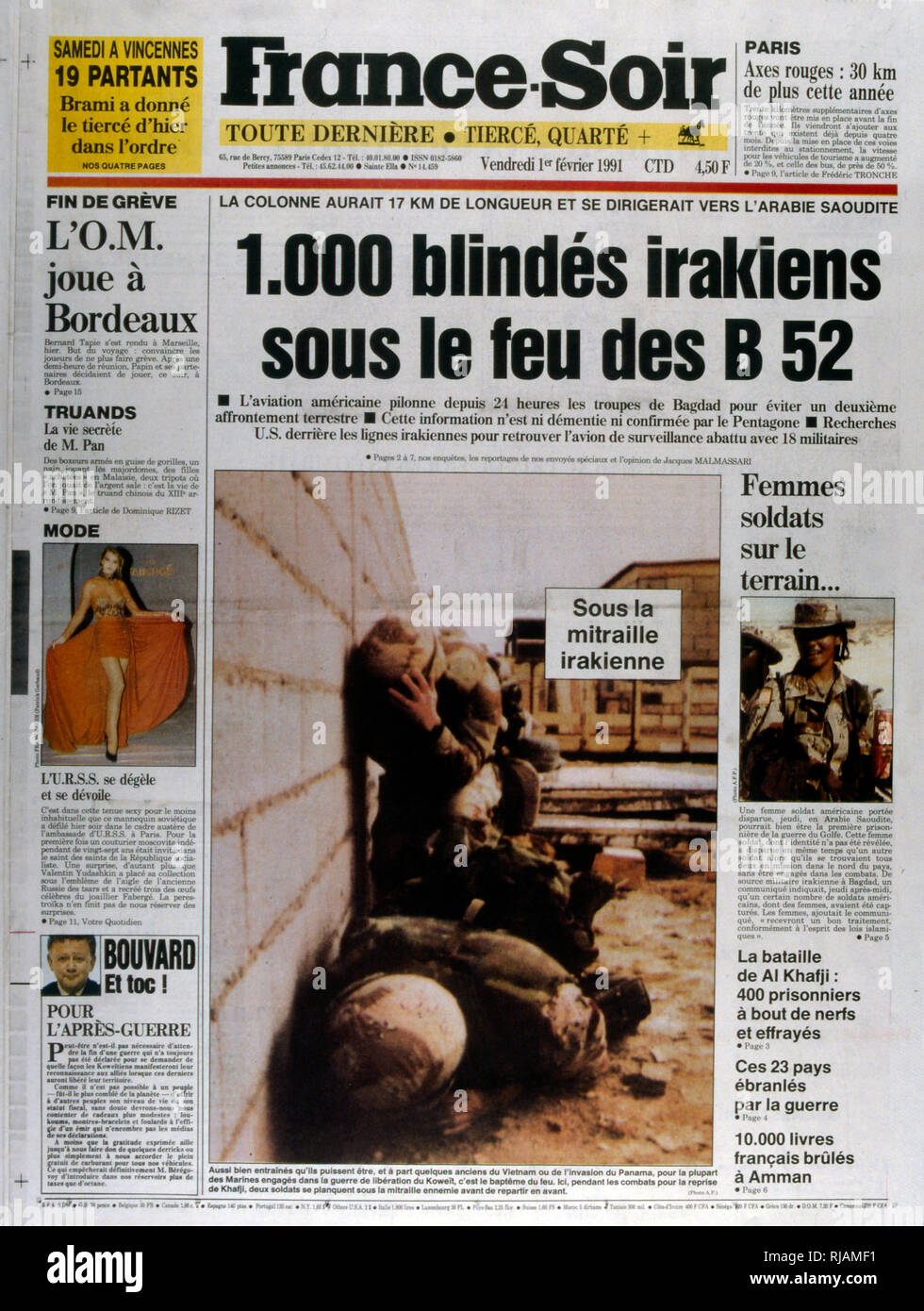 Première page de la publication française 'France-Soir' signalé les derniers jours de la guerre du Golfe, 1er février 1991. La guerre du Golfe (2 août 1990 - 28 février 1991), l'opération Bouclier du désert et l'opération Tempête du désert, était une guerre menée par les forces de la coalition de 35 nations menée par les États-Unis contre l'Iraq en réaction à l'invasion et l'annexion du Koweït. Banque D'Images