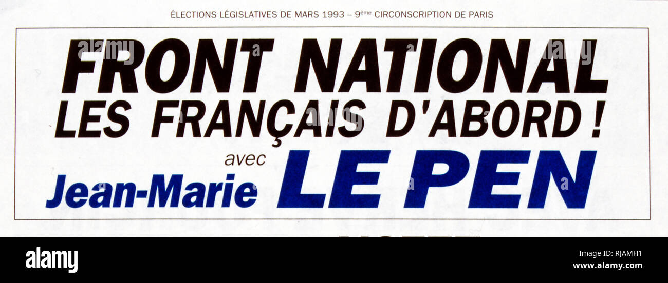1993 affiche électorale française pour Front National (Front National) Banque D'Images