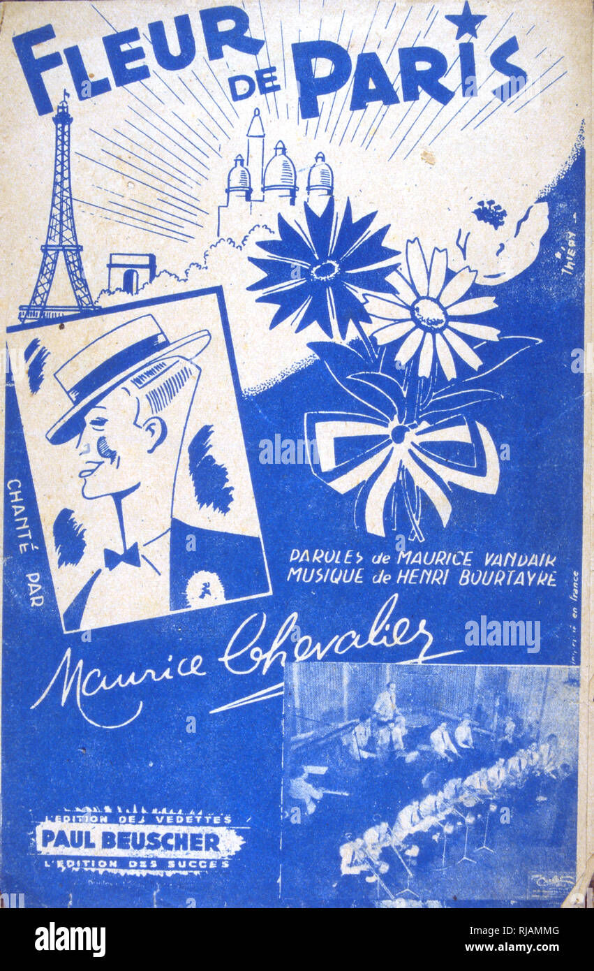 Songbook couvrir pour "Fleur de Paris" une chanson française de 1944 dont les paroles sont de Maurice Vandair et la musique de Henri Bourtayre. Réalisé par Maurice Chevalier, comme un hymne de la libération. Banque D'Images
