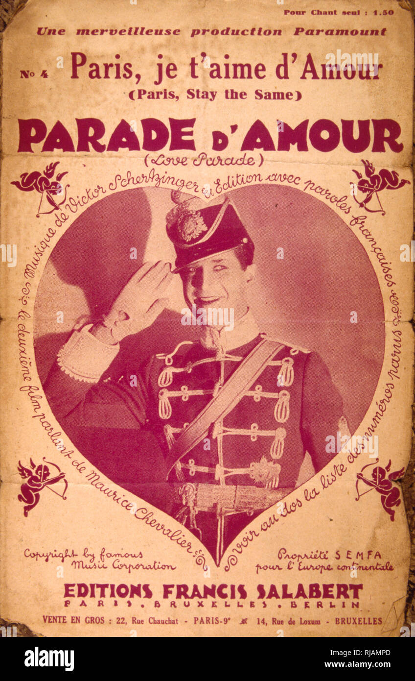 Songbook français pour "la Love Parade' un pré-Code américain 1929 de la comédie musicale, film réalisé par Ernst Lubitsch avec Maurice Chevalier et Jeanette MacDonald Banque D'Images