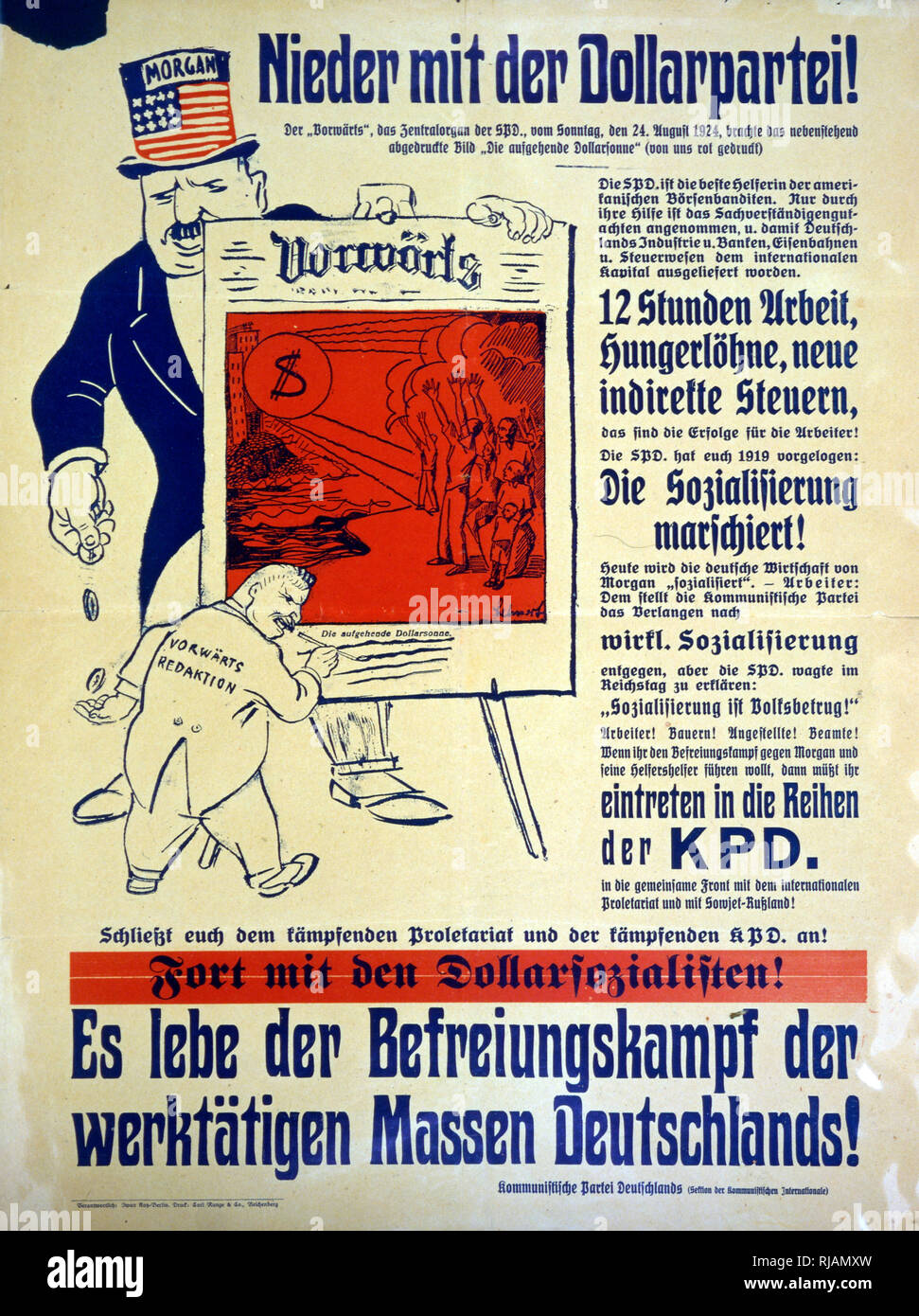 1924 affiches de propagande du parti communiste allemand. Le message est anti-américain et anti-Dollar Banque D'Images