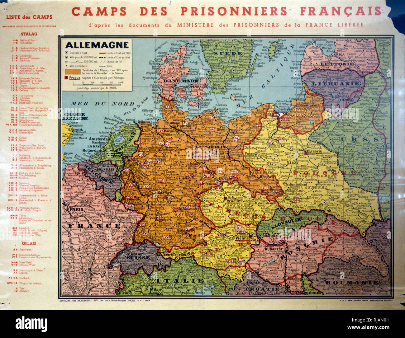Plan avec liste des camps de prisonniers de guerre en Allemagne et des zones occupées au cours de la Seconde Guerre mondiale. 1944 Banque D'Images