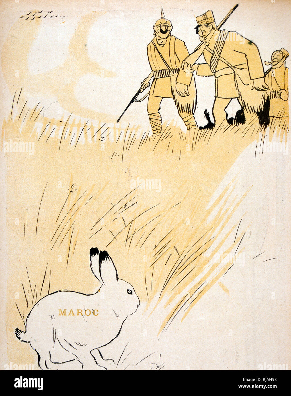 Le Français caricature représentant le Kaiser Guillaume II L'intrusion dans le Maroc. La Conférence d'Algésiras de 1906 a eu lieu à Algeciras, Espagne, et a duré du 16 janvier au 7 avril. L'objectif de la conférence était de trouver une solution à la première crise marocaine de 1905 entre la France et l'Allemagne, qui se pose comme l'Allemagne a répondu à la France en vue d'établir un protectorat sur l'État indépendant du Maroc Banque D'Images