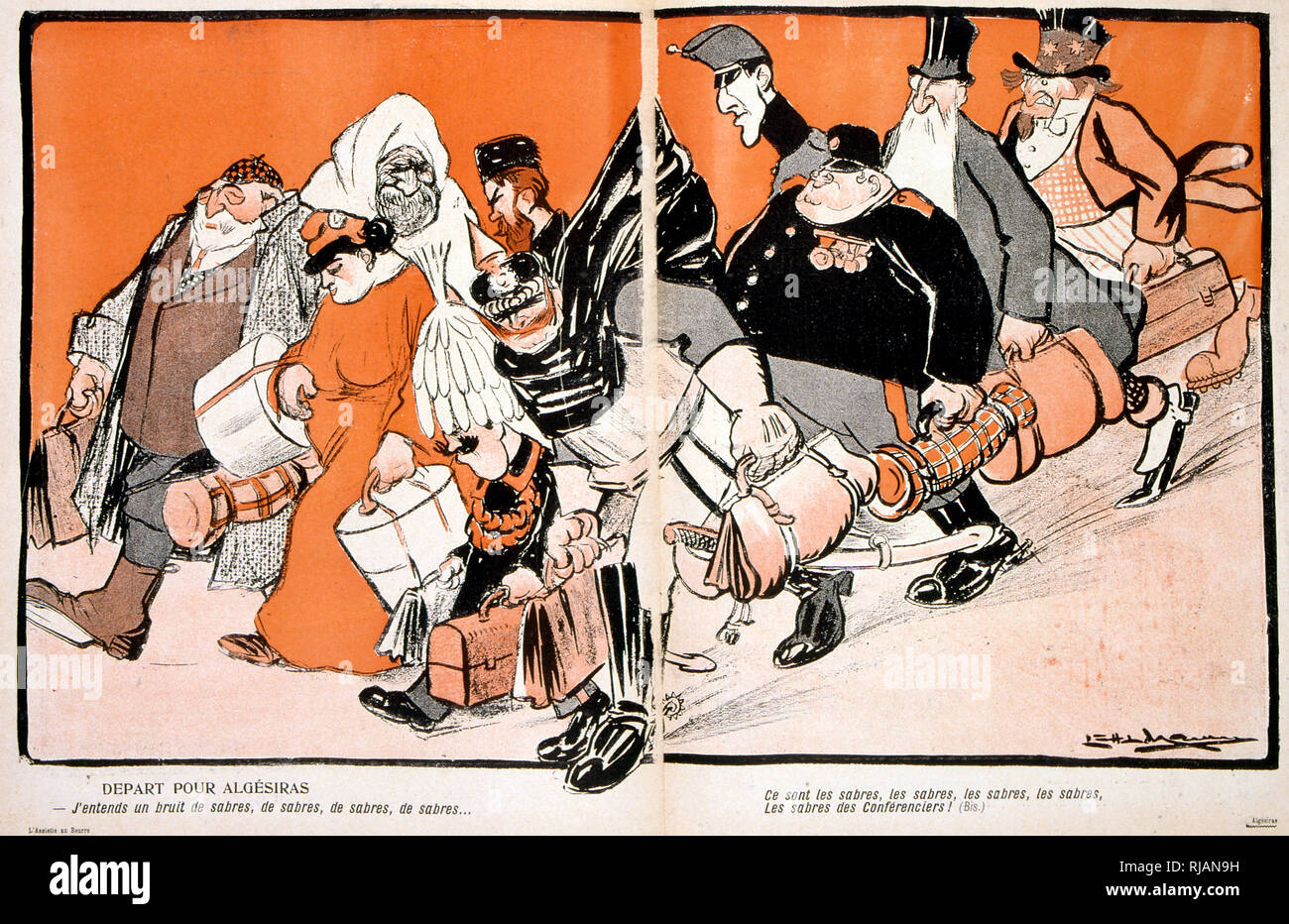 Caricature représentant français événements entourant les efforts diplomatiques en vue de convoquer la Conférence d'Algésiras de 1906 a eu lieu à Algeciras, Espagne, et a duré du 16 janvier au 7 avril. L'objectif de la conférence était de trouver une solution à la première crise marocaine de 1905 entre la France et l'Allemagne, qui se pose comme l'Allemagne a répondu à la France en vue d'établir un protectorat sur l'État indépendant du Maroc Banque D'Images