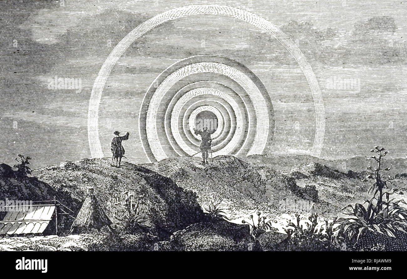 Une gravure représentant Antonio de Ulloa la découverte d'un 'Cercle' Ulloa - un rare illusion optique composé d'un anneau lumineux blanc ou arch parfois dans les régions montagneuses, généralement par temps de brouillard, tout en faisant face à une zone en face du soleil. Antonio de Ulloa (1716-1795), un général espagnol de la marine, explorateur, scientifique, auteur, astronome, administrateur colonial et le premier gouverneur espagnol de la Louisiane. En date du 19e siècle Banque D'Images