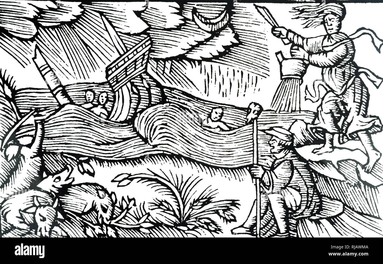 Une gravure sur bois représentant une sorcière élever une tempête. En date du 16e siècle Banque D'Images