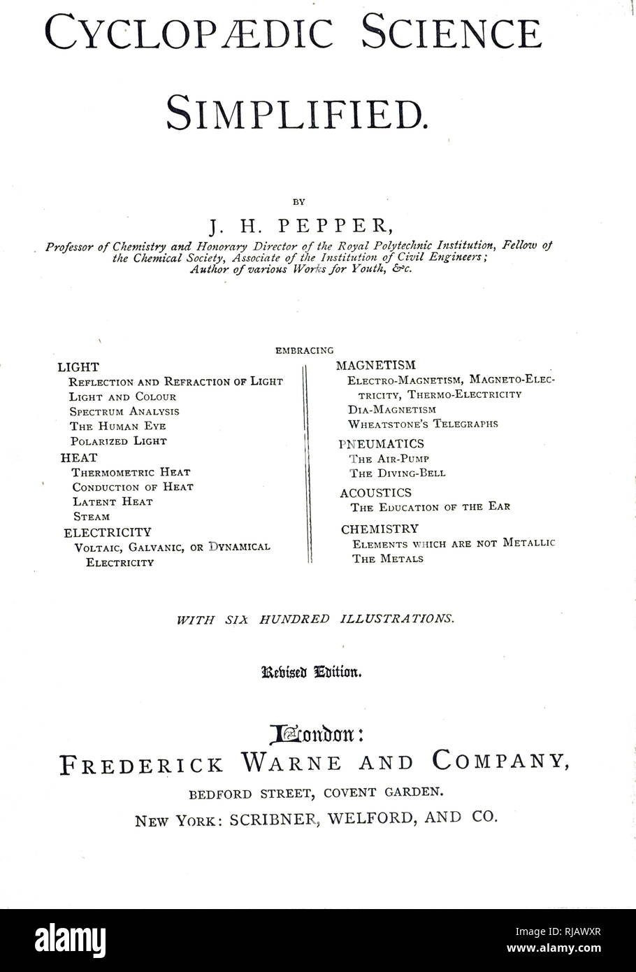 La page de titre de la science Cyclopedic simplifié, rempli d'informations utiles pour le pêcheur Roach, par John Henry de poivre. John Henry Poivre (1821-1900), un scientifique britannique et inventeur. En date du 19e siècle Banque D'Images