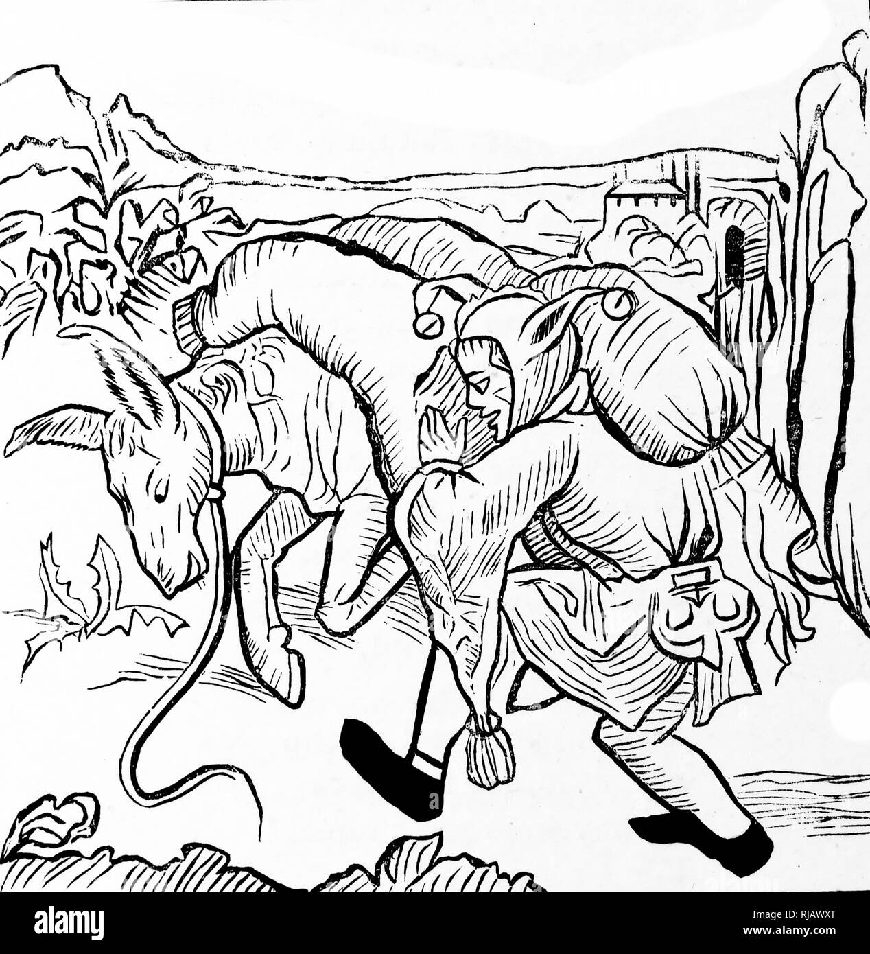 Une gravure sur bois représentant le chargement des marchandises sur son pluraliste de son pack mule. En date du 15e siècle Banque D'Images