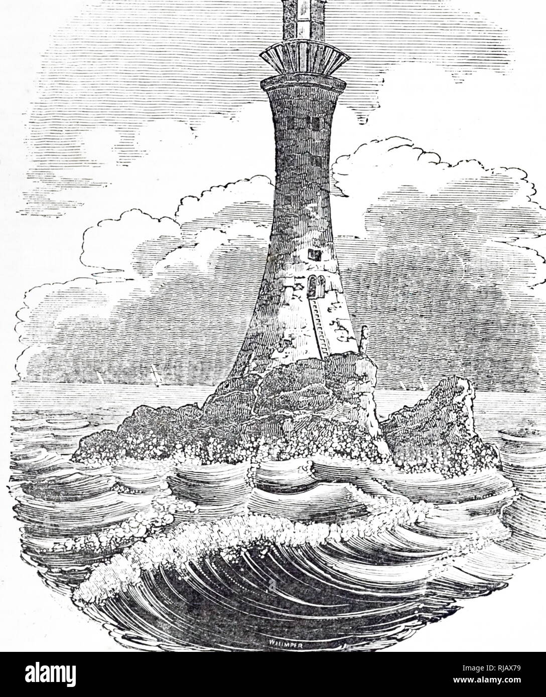 Une gravure représentant le phare de Bell Rock, au large de la côte d'Angus (Écosse), est le plus ancien phare mer-lavés. Le phare a été construit par Robert Stevenson (1772-1850) un ingénieur civil écossais. En date du 19e siècle Banque D'Images