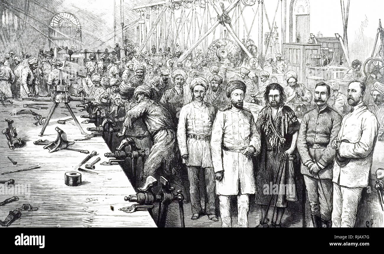 Une gravure représentant Abdur Rahman Khan, l'Émir de l'Afghanistan, avec ses conseillers britanniques visitant l'arsenal à Kaboul. En date du 19e siècle Banque D'Images