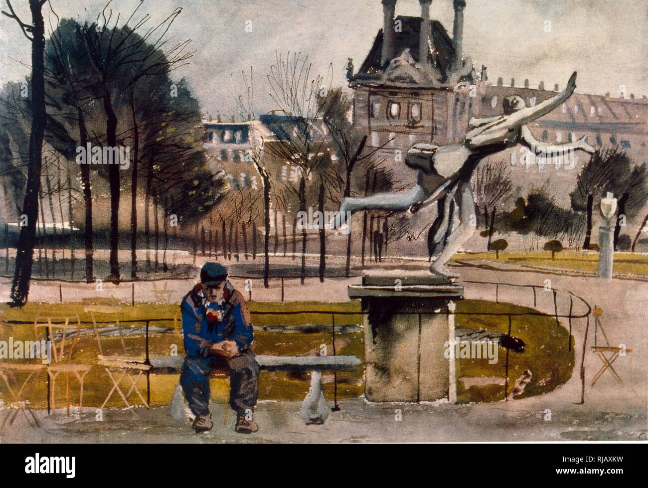 L'aquarelle représentant un homme assis sur un banc dans le jardin des Tuileries, Paris, France 1935 Banque D'Images