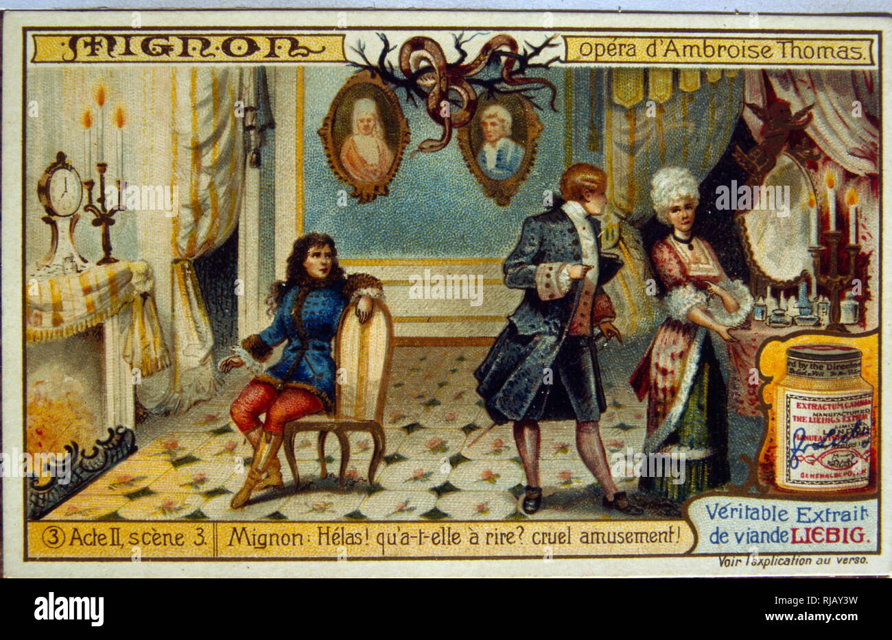 Carte Leibig illustrant une scène de Mignon, un opéra-comique d'Ambroise Thomas. L'original français livret a été par Jules Barbier et Michel Carre, basé sur le roman de Goethe, Wilhelm Meisters Lehrjahre. 1866 Banque D'Images