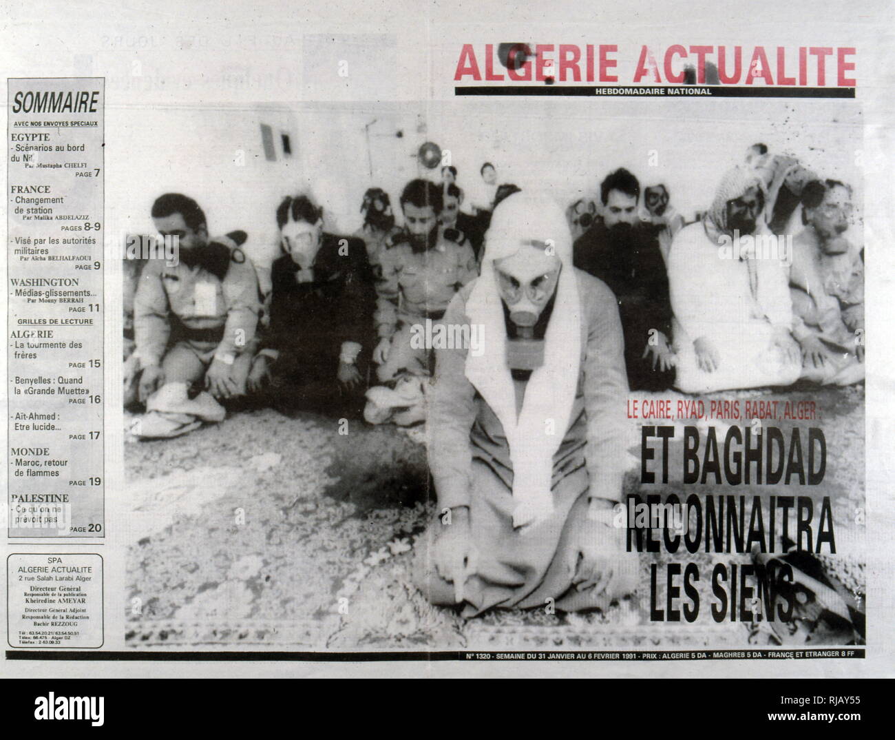 Couverture de magazine français algérien représentant des Arabes dans des masques à gaz pendant la guerre du Golfe de 1991 au Koweït et l'Iraq Banque D'Images