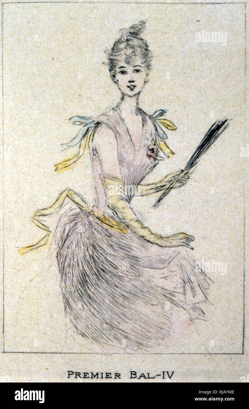 Illustration pour un Almanack de poèmes par Hippolyte Devilliers dessiné par Henri Boutet (1851 - 1919), français Belle epoque artiste dont le travail est concentré sur le genre 'La Parisienne'. Franchement il dépeint les femmes allant de simples vendeurs à élégant mesdames, la gestion de faire ressortir leurs qualités communes de coquettishness et de féminité. Banque D'Images