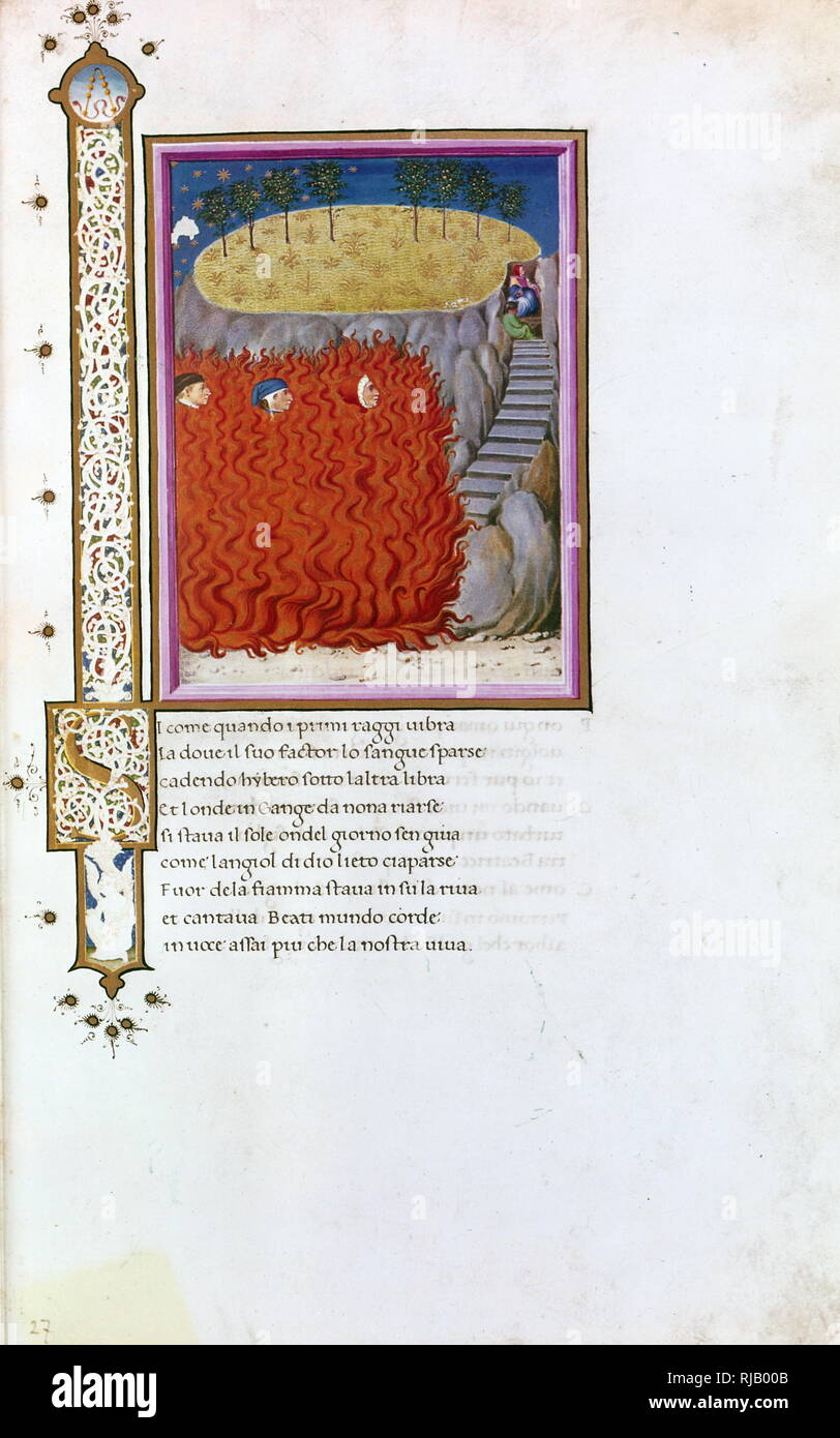 Manuscrit Latin médiéval illuminé avec illustration de Schadrac, Méschac et Abed-nego sont les figures du chapitre 3 du Livre de Daniel, l'Hébreu trois hommes jetés dans une fournaise ardente par Nebucadnetsar, roi de Babylone, lorsqu'ils refusent de s'incliner à l'image du roi ; les trois sont préservés du danger et le roi voit quatre hommes marchant dans les flammes Banque D'Images