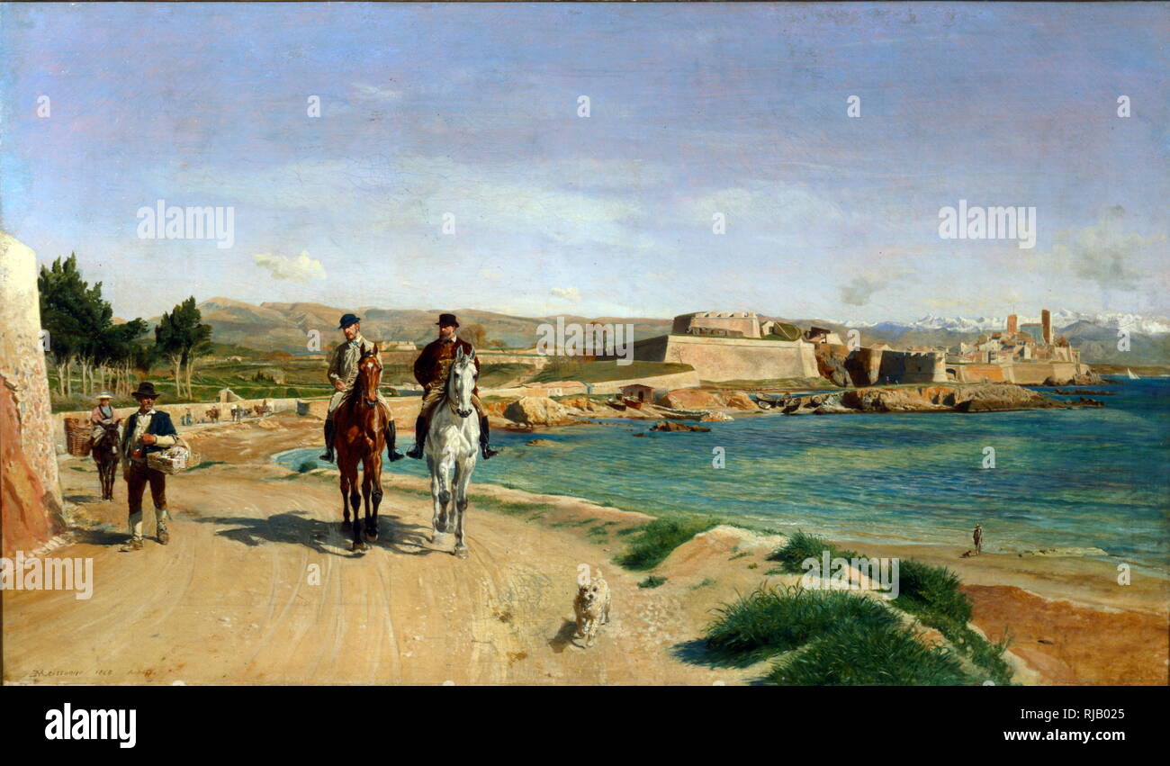 Antibes. La promenade a cheval. 1868 par Ernest Meissonier. Jean-Louis Ernest Meissonier (1815 - 1891) était un peintre et sculpteur classique français célèbre pour ses représentations de Napoléon, ses armées et de thèmes militaires Banque D'Images