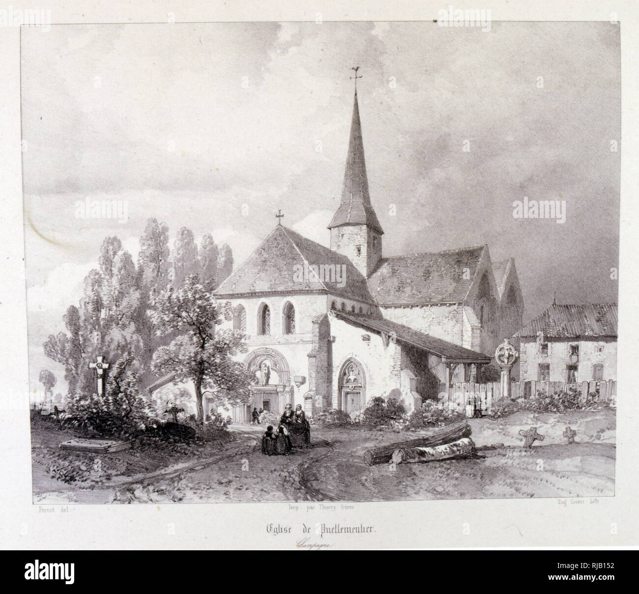 Eglise Notre-Dame-en-sa-Nativite, Puellemontier, France,1857, dessin par le Baron Isidore Taylor (1789 - 1879), voyageur et auteur français. Banque D'Images