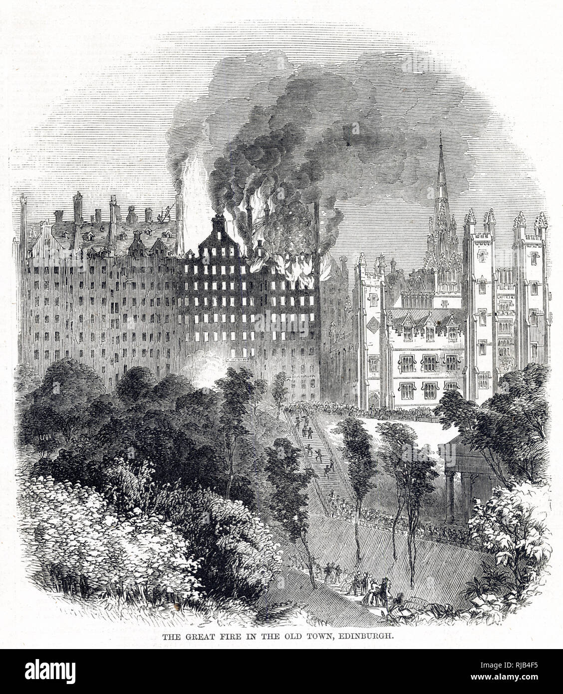 Grand feu dans la vieille ville, Édimbourg 1824 Banque D'Images