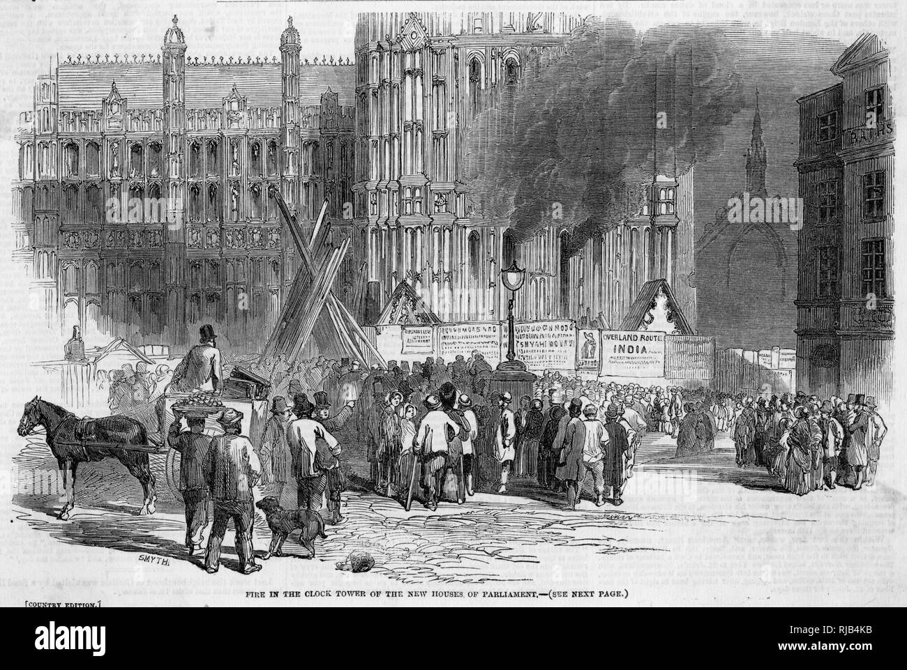 Incendie dans la tour de l'horloge des nouvelles chambres du Parlement 1851 Banque D'Images