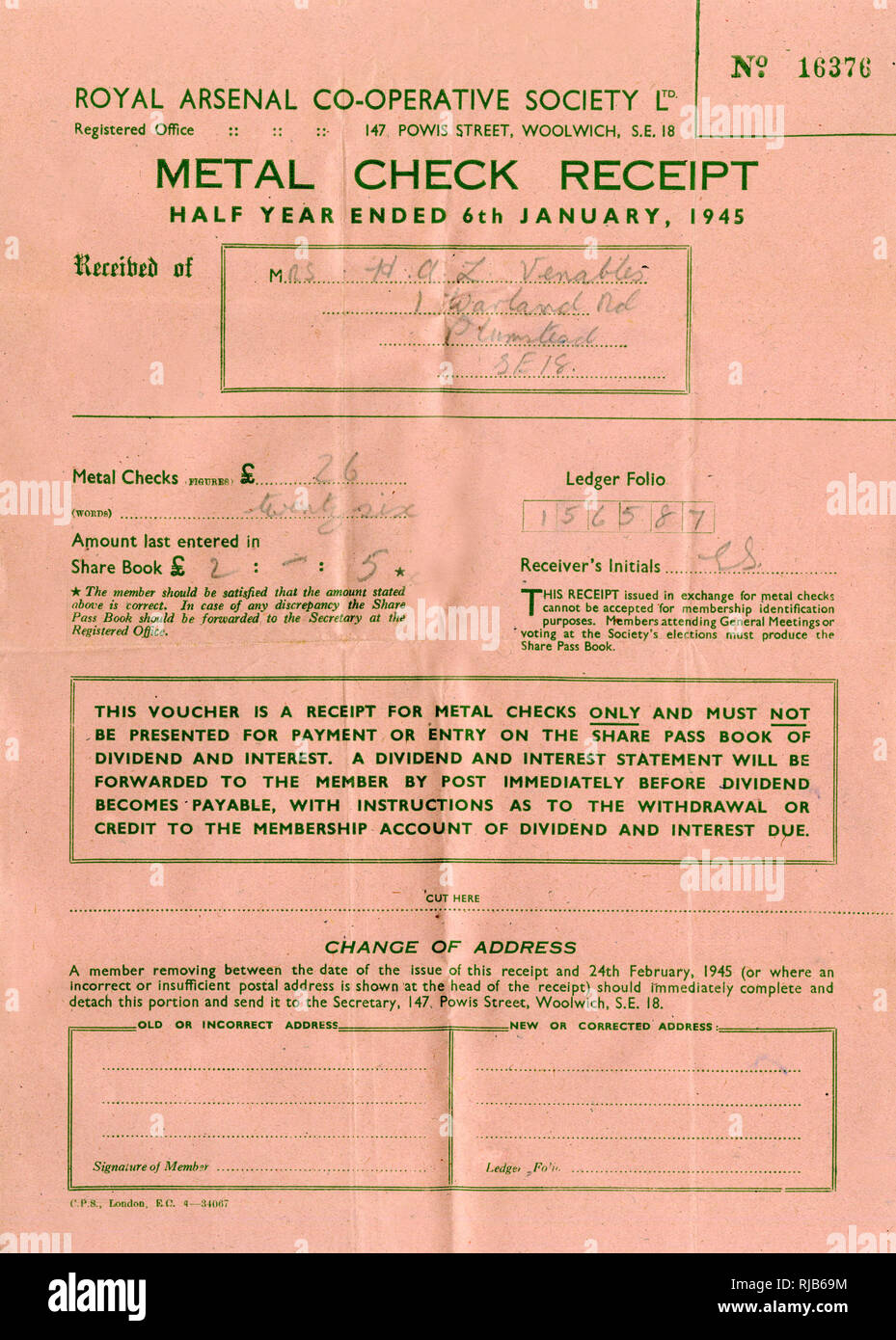Réception de chèques de métal, Royal Arsenal Co-operative Society, WW2 Banque D'Images