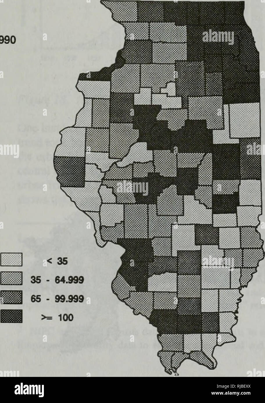 . L'évolution de l'environnement de l'Illinois : tendances critiques : rapport technique du projet d'évaluation des tendances critiques. L'homme, la pollution, la protection de l'environnement, l'écologie, de l'analyse d'impact environnemental. 1990. La figure 16. Densité 1970 -1990 Comté. Les comtés sont classés en fonction de leur population par kilomètre carré. Source : Bureau du recensement des États-Unis. 1970,1980,1990. 45. Veuillez noter que ces images sont extraites de la page numérisée des images qui peuvent avoir été retouchées numériquement pour plus de lisibilité - coloration et l'aspect de ces illustrations ne peut pas parfaitement ressembler à l'œuvre originale.. L'Illinois. Ministère de l'Ene Banque D'Images