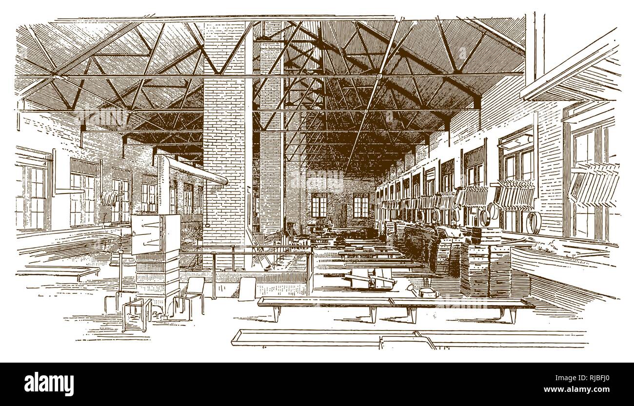 Vue intérieure d'un bâtiment historique fonderie de laiton (D'après une gravure ou une gravure du xixe siècle) Illustration de Vecteur