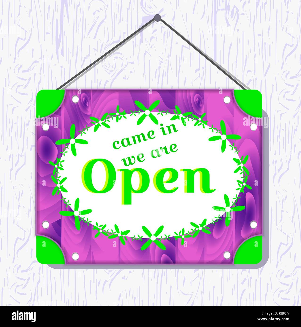 Bois de violette et de fleurs vert signe pendaison avec texte, nous ouvrir de nouveau . Bordure blanche fort. vector illustration Illustration de Vecteur