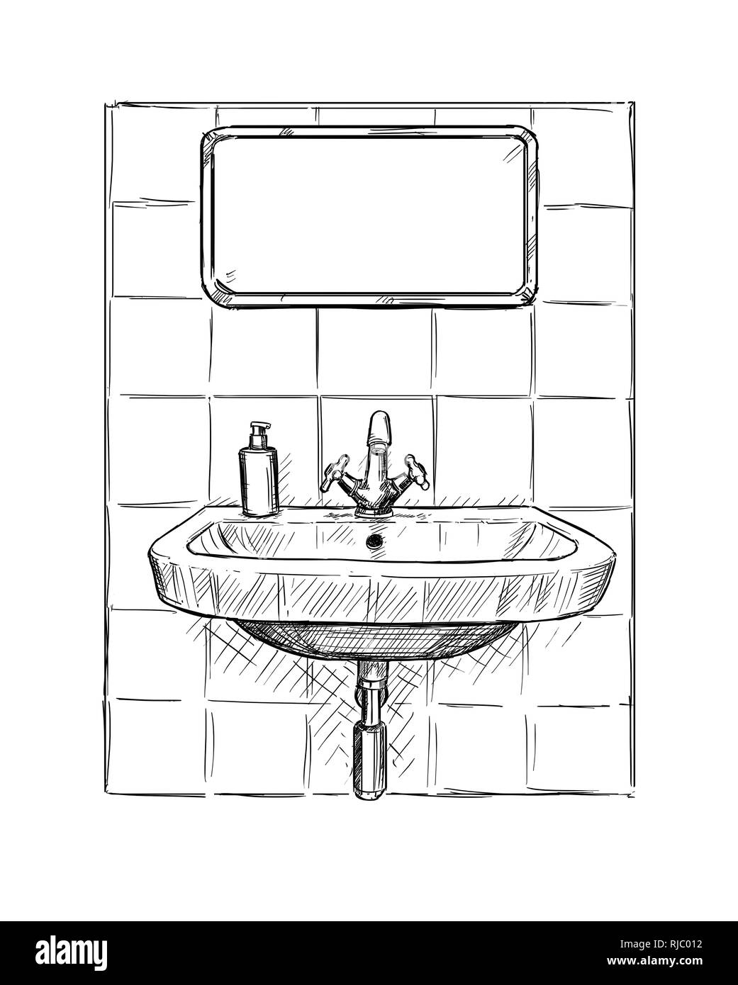 Dessin à la main d'évier et miroir dans salle de bains Banque D'Images