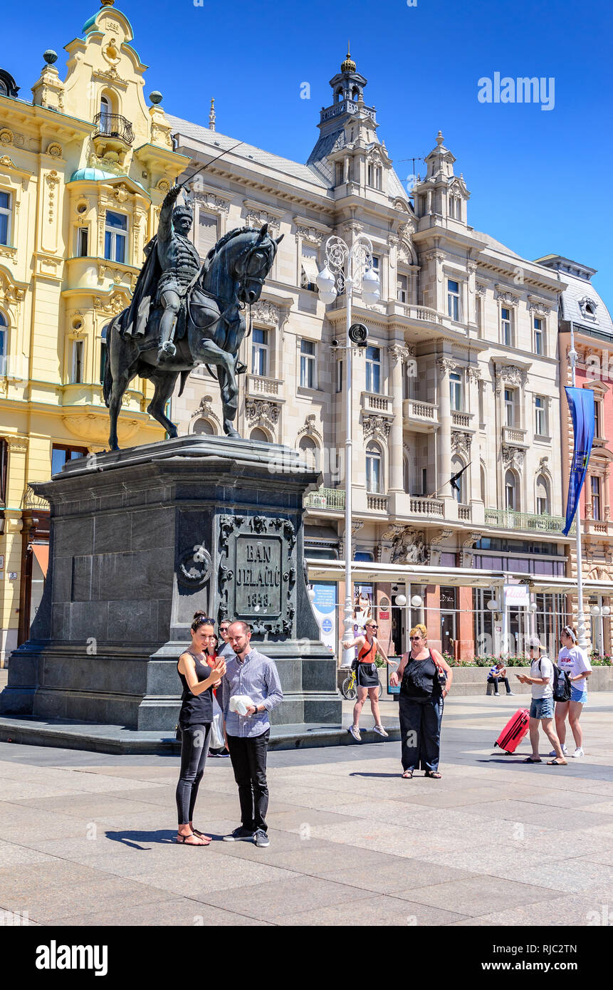 Ban Josip Jelacic monument à la place centrale de Zagreb, Croatie. Banque D'Images