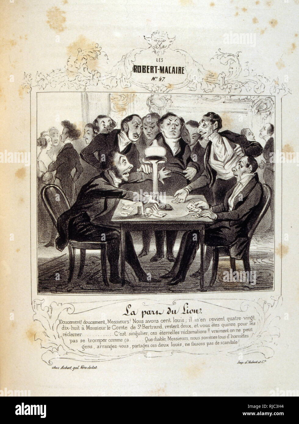 La série de Robert Macaire est hautement significatif. Composé et dessiné par Illustration de par Honoré Daumier, sur des idées et des légendes Philipon, sous le titre Les Cent et Robert Macaire (1839). Les grands dessins sont réduits et accompagnés d'une bande dessinée et narration écrits par des journalistes Maurice Alhoy et Louis Huart. Présenté avec insistance comme un avatar de Don Quichotte et Gil Blas, le personnage de Robert Macaire, en tandem avec le naïf Bertrand, incarne dans ses facettes et de multiples rôles Banque D'Images