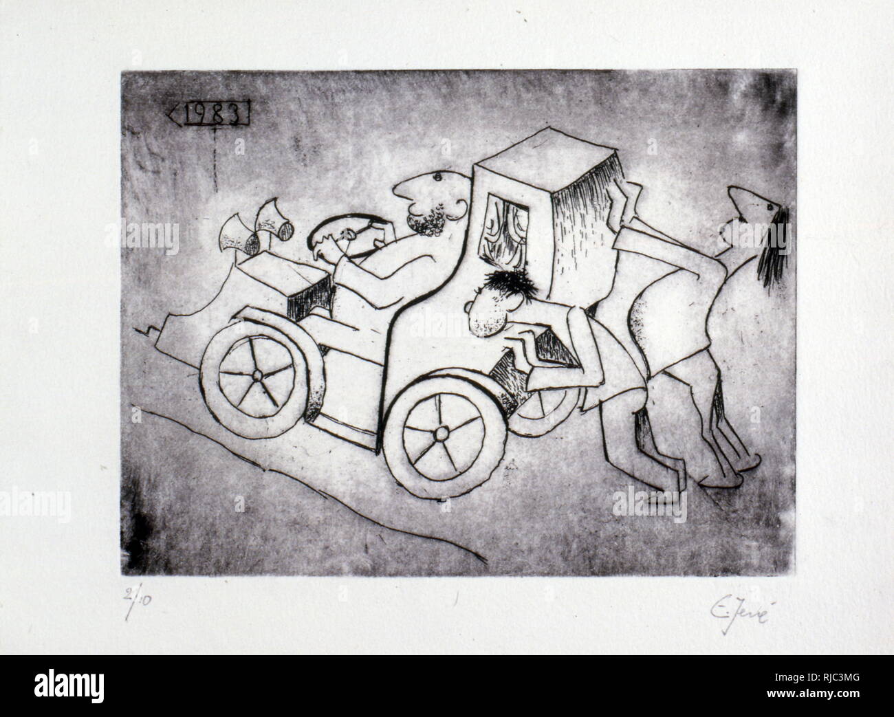 Voiture (dessin) 1983 ; par Edgar (Erhard) Jene (1904 - 1984), peintre franco-allemand, artiste graphique et surréalistes. Banque D'Images