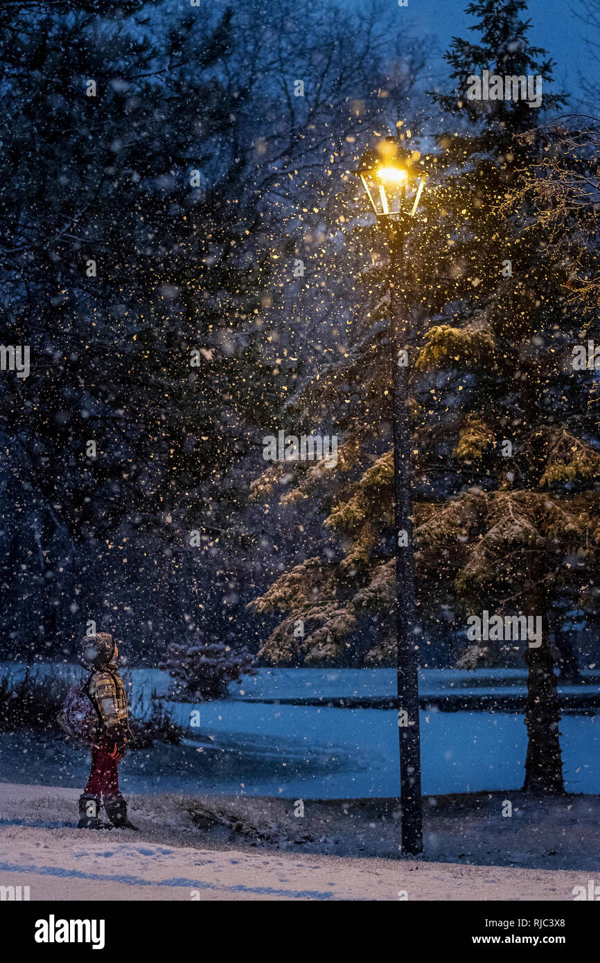 Garçon debout dans une tempête de neige à la recherche jusqu'à la rue lanterne, United States Banque D'Images