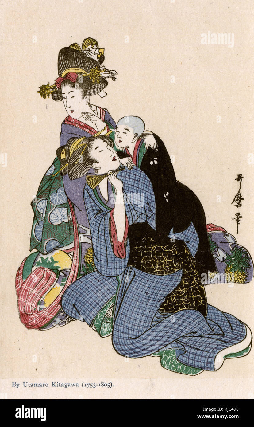 Deux femmes, une avec un bébé - peinture par Utamaro Kitagawa Banque D'Images
