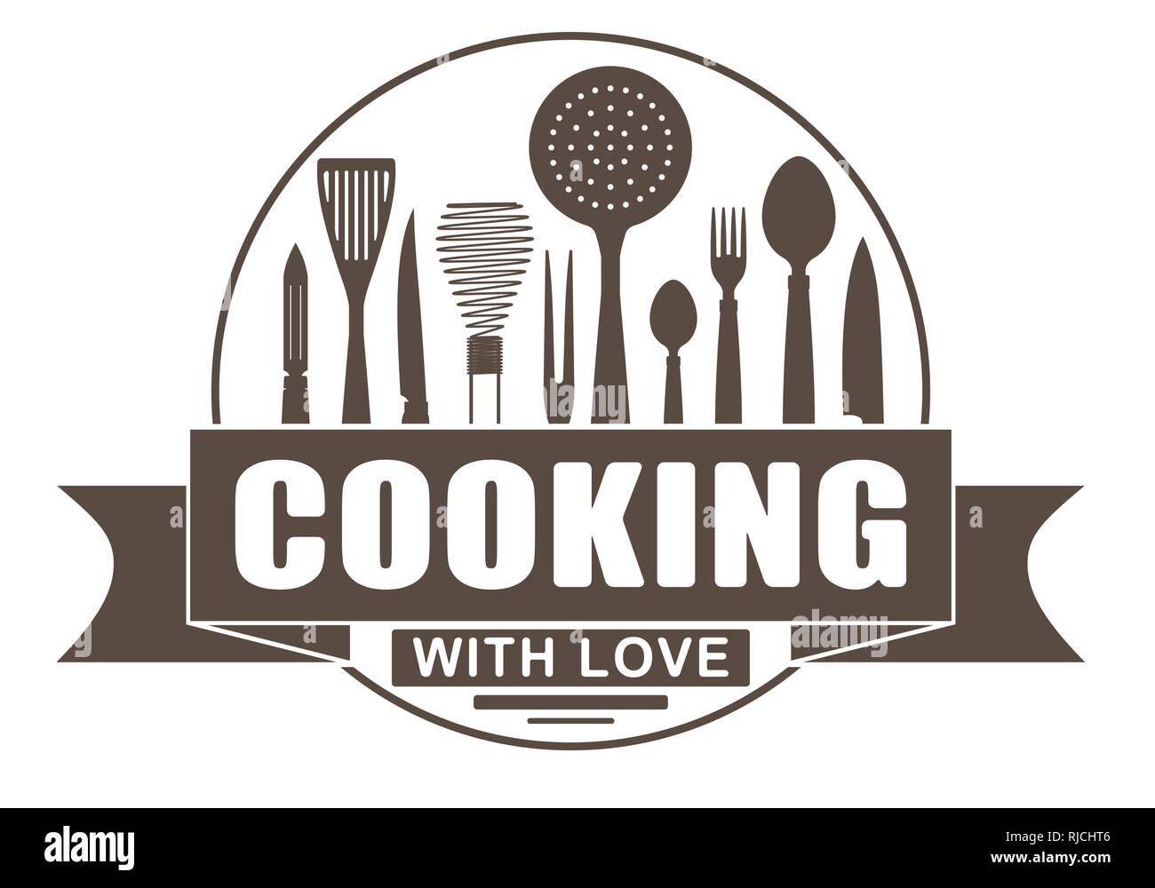 La cuisson à l'amour vecteur conception ronde pour votre logo ou l'emblème avec des bannières et des silhouettes d'ustensiles de cuisine et ustensiles de cuisine. Illustration de Vecteur