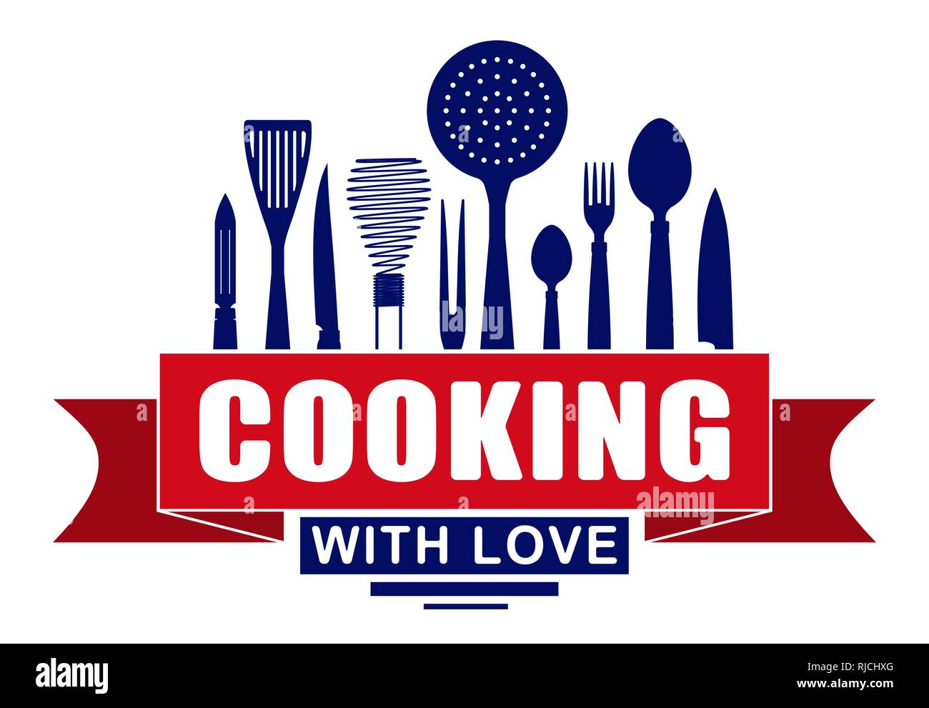 La cuisson à l'amour de votre vecteur conception logo ou emblème avec bannière rouge et silhouettes d'ustensiles de cuisine et ustensiles de cuisine. Illustration de Vecteur