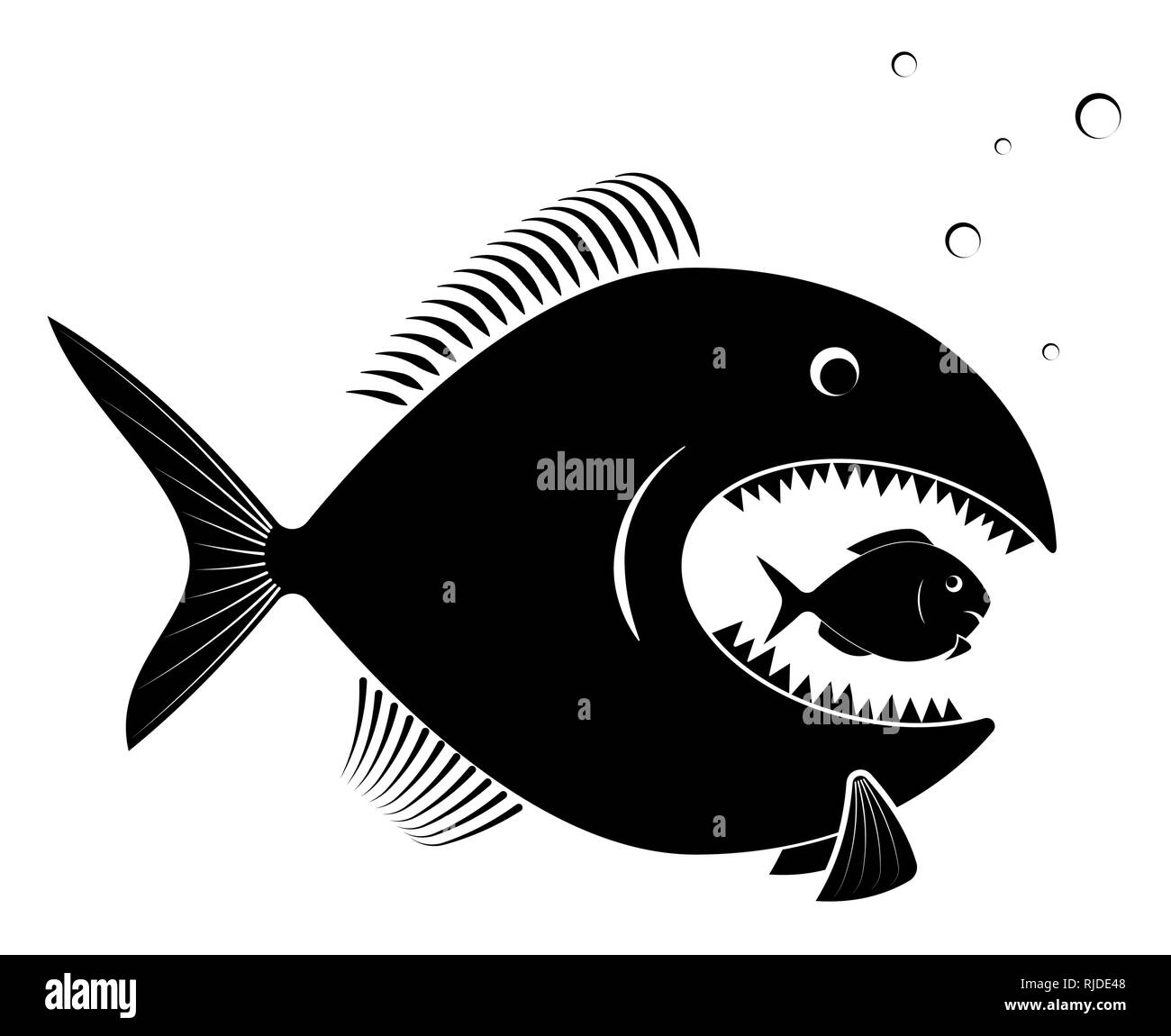 Les grands poissons prédateurs mange le petit sans défense. Pour un article sur les entreprises d'achat ou de la concurrence. Noir sur blanc. Illustration de Vecteur