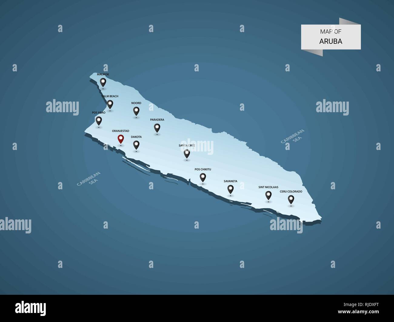 3D isométrique carte Aruba, vector illustration avec les villes, les frontières, les capitaux, les divisions administratives et marques ; pointeur fond bleu dégradé. Con Illustration de Vecteur