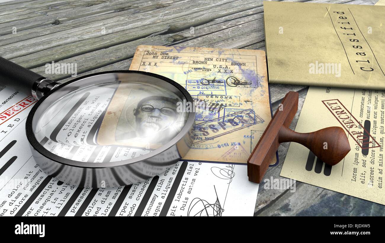 Le document Top secret. Loupe et stamp, passeport, agent secret. Feuille de papier des informations classifiées Banque D'Images