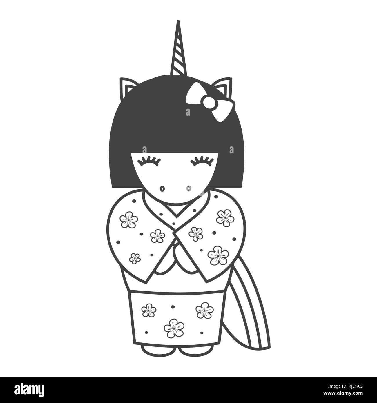 Cute joli cartoon noir et blanc licorne geisha vector illustration de l'art à colorier Illustration de Vecteur