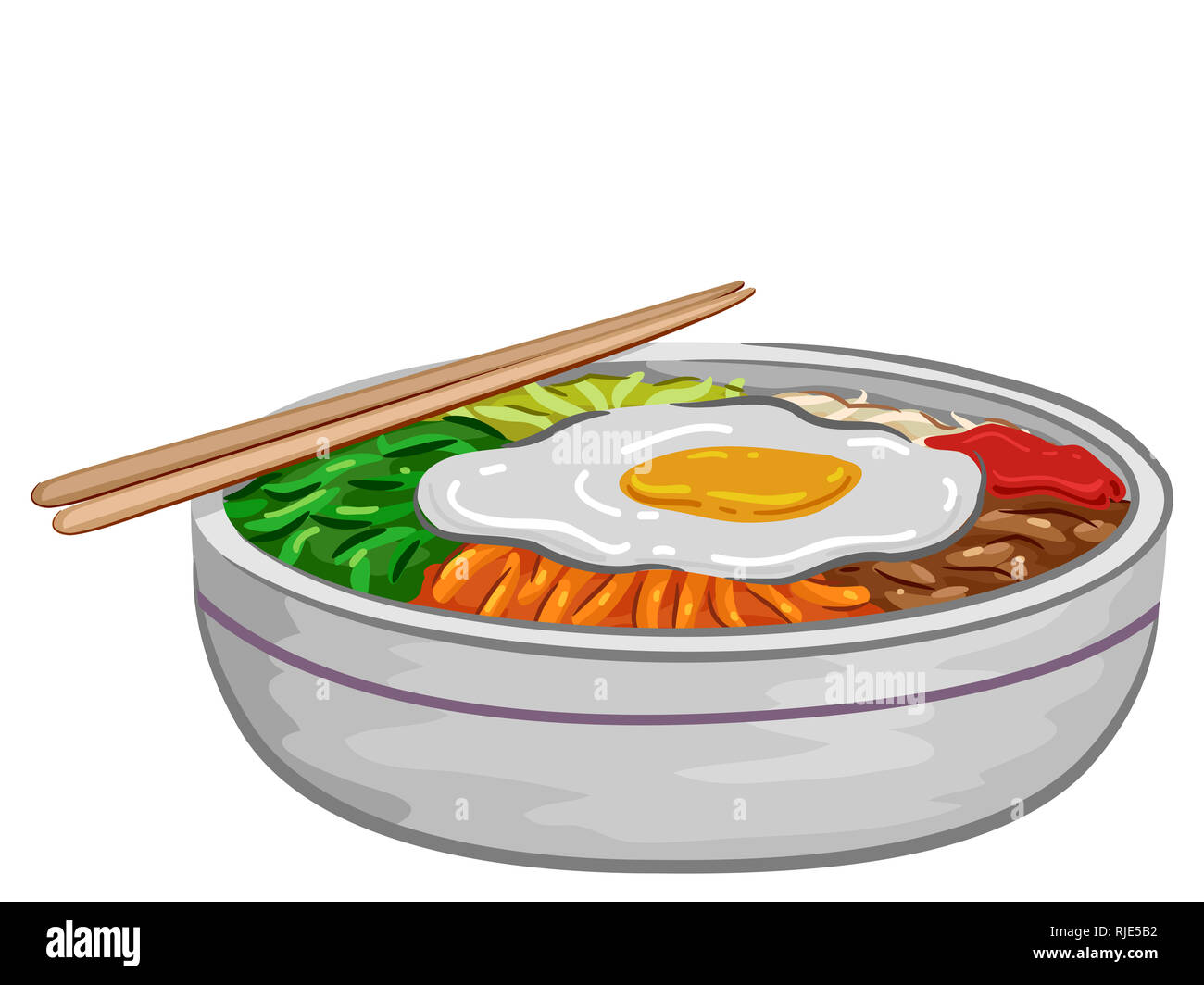 Illustration de baguettes et un bol de bibimbap, une nourriture coréenne avec des Œufs, des carottes, des verts et de la viande Banque D'Images