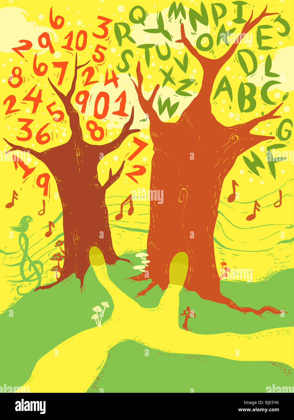 Illustration d'arbres avec des chiffres, des lettres et des notes de musique. Concept de conception de l'apprentissage Banque D'Images