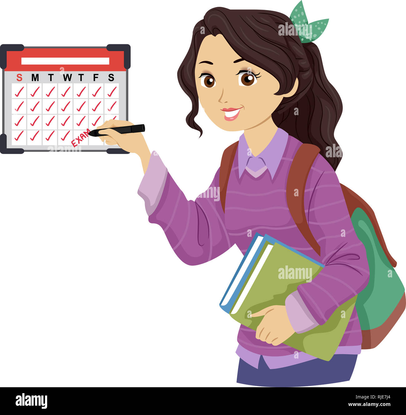 Illustration d'une adolescente qui élève la marquant du calendrier avec l'horaire d'examen Banque D'Images