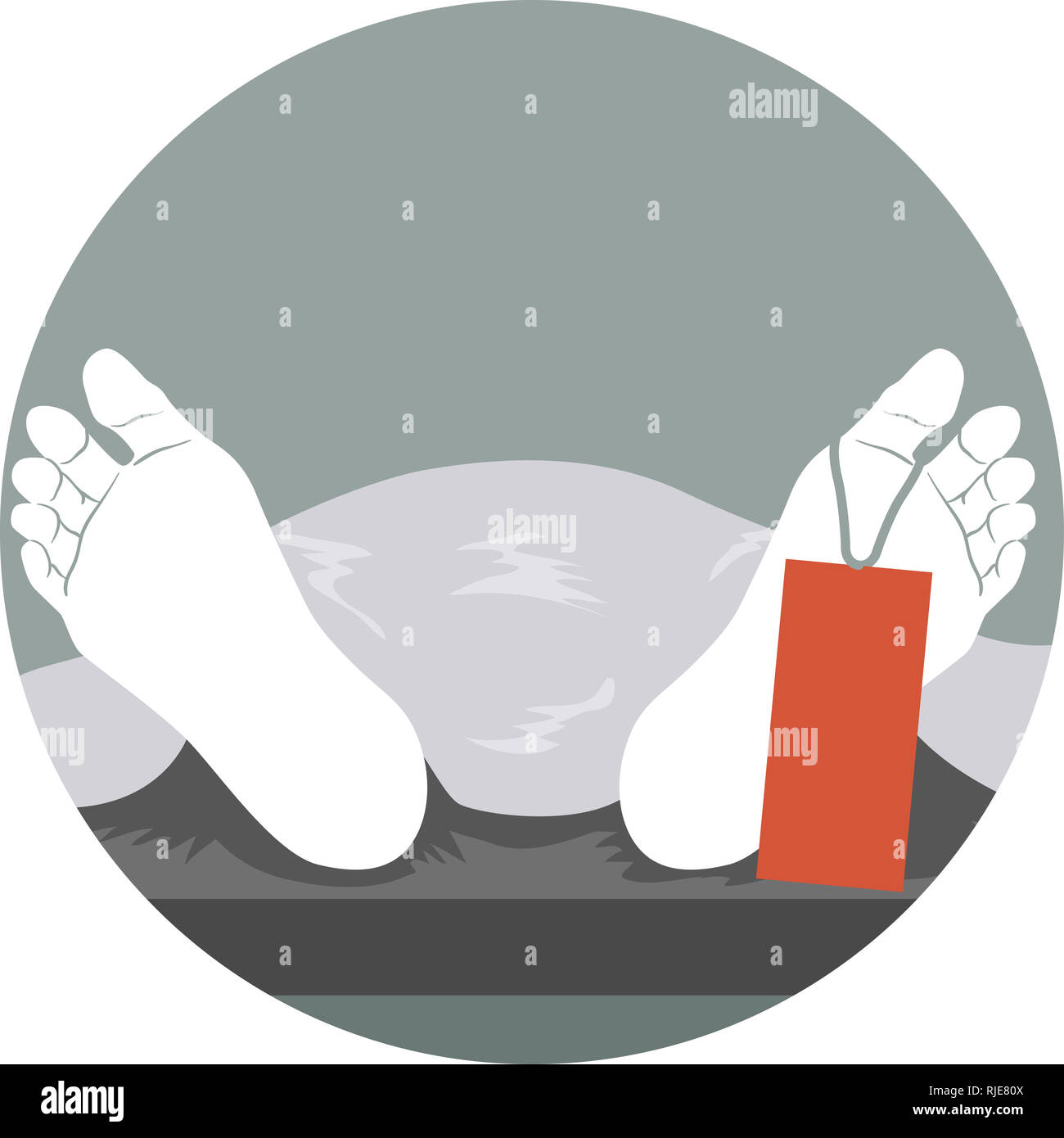 Illustration d'un corps mort couché la morgue montrant pieds avec étiquette Banque D'Images