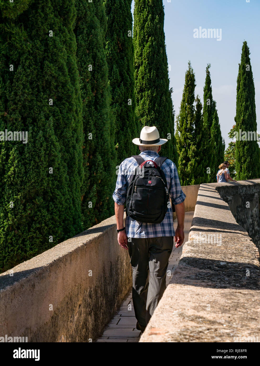 Hauts homme portant chapeau Panama marche sur l'enceinte fortifiée, Alcazaba, Malaga, Andalousie, Espagne Banque D'Images