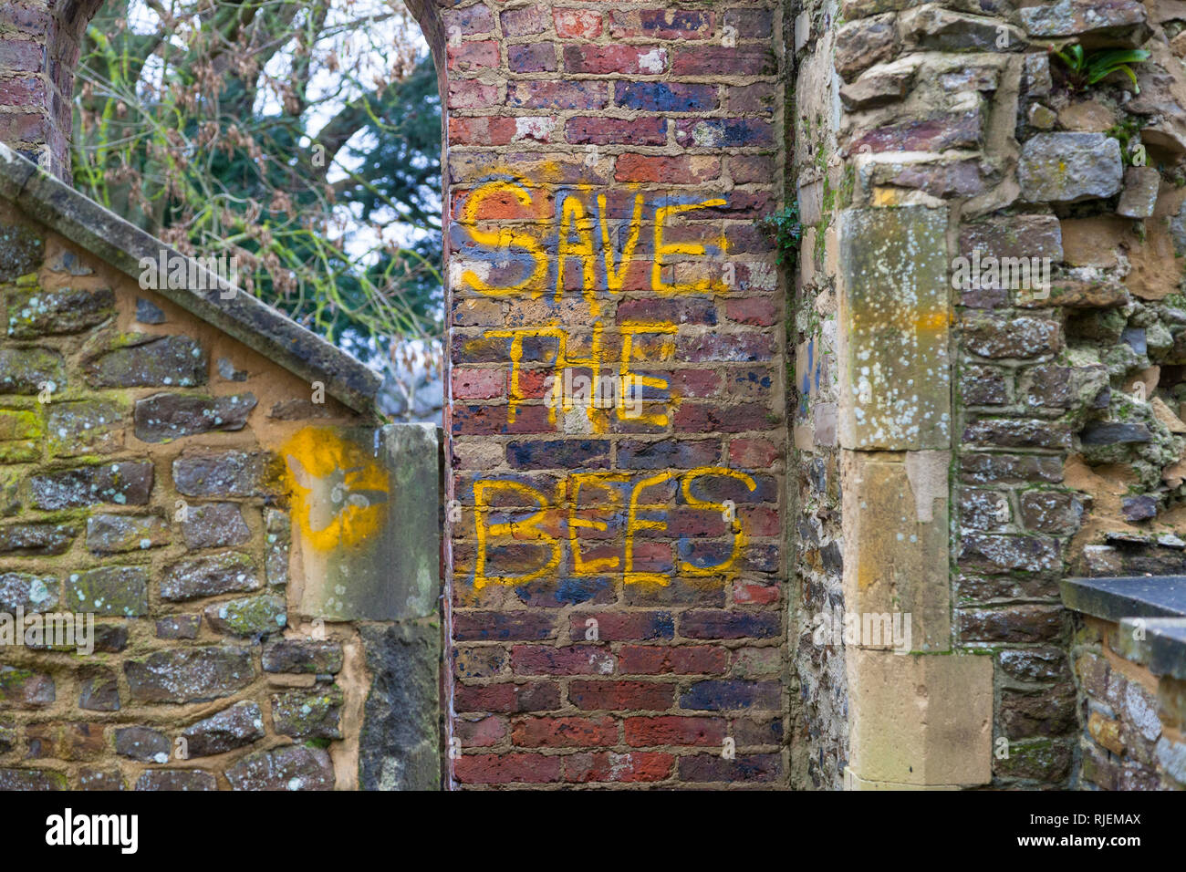 Sauver les abeilles et l'emblème graffiti griffonné sur un vieux mur de briques, uk Banque D'Images
