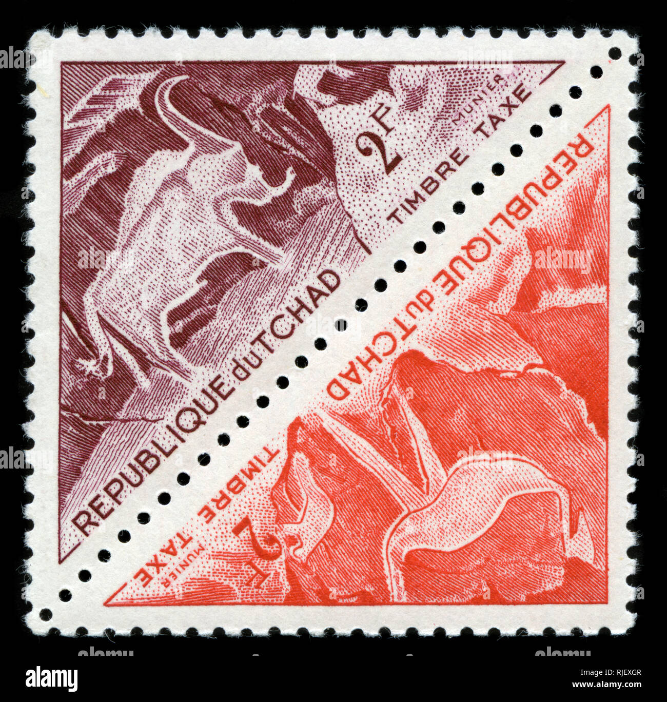 Timbres Cachet du Tchad dans les gravures rupestres préhistoriques dans les montagnes du Tibesti série émise en 1962 Banque D'Images