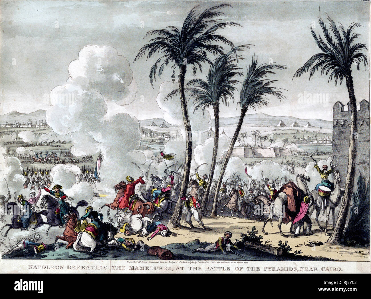 Imprimer montre une scène de bataille de derrière les lignes Mamelouk, avec l'avancement de la gauche française Banque D'Images