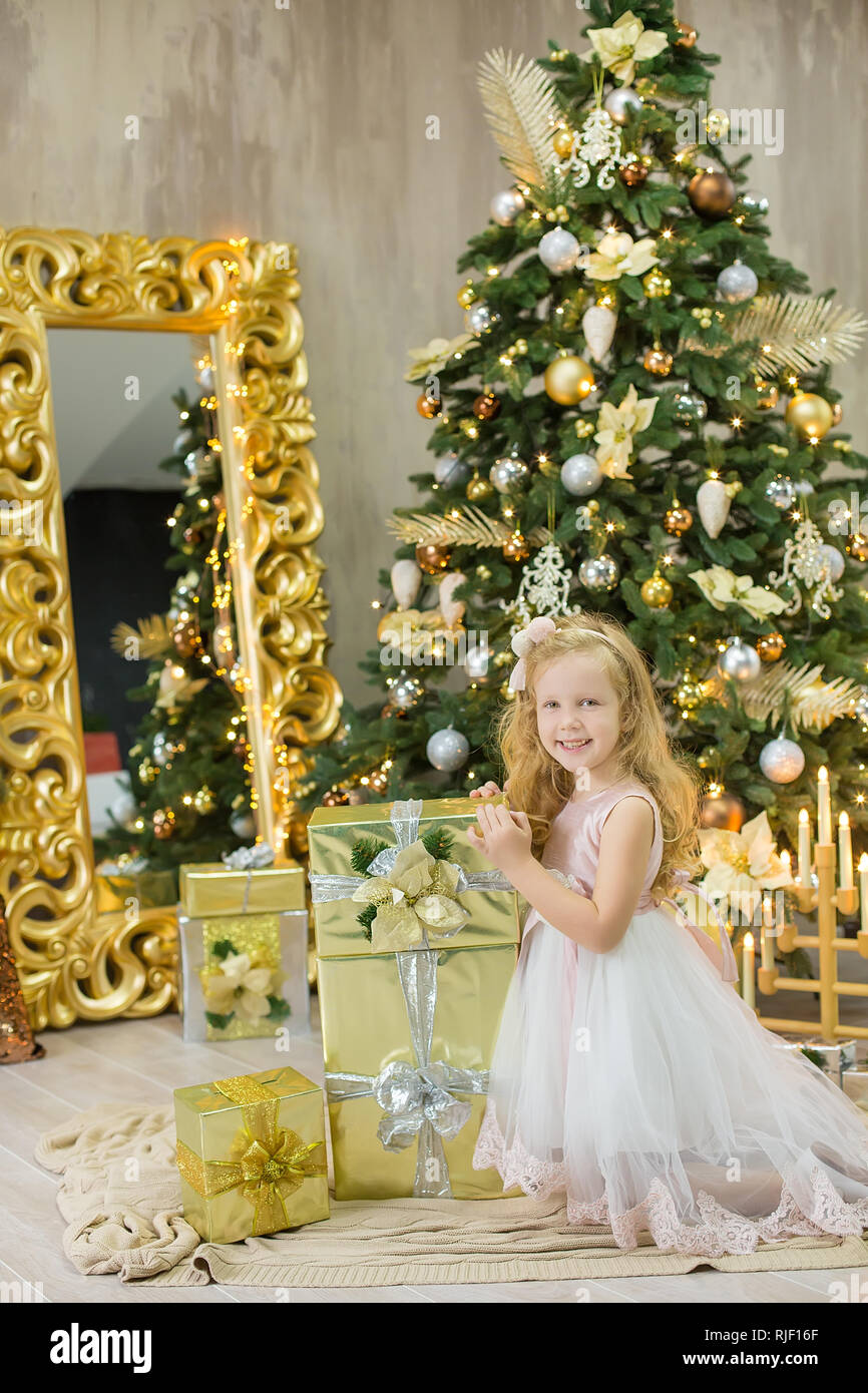 Noël décorations studio or occasionnels avec jolie fille et grand miroir avec cadre doré beaucoup présente et grand livre vert pin. Banque D'Images