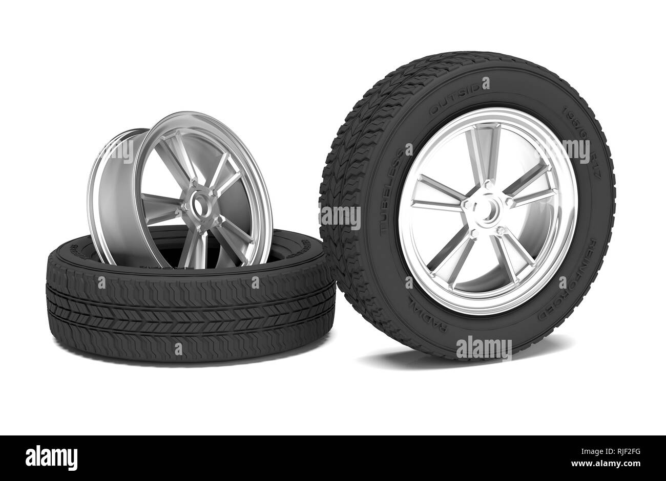 Roues en alliage et des pneus de voiture sur fond blanc. 3D illustration Banque D'Images