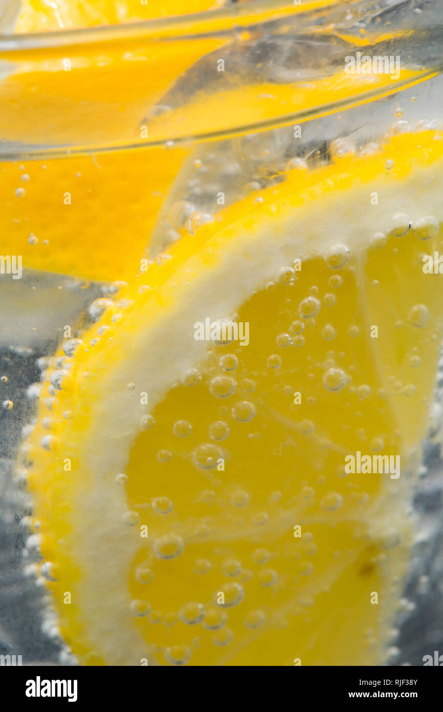 Une tranche de citron dans un verre de gin tonic, avec les calories de l'eau tonique des Indiens et des cubes de glace. England UK GO Banque D'Images